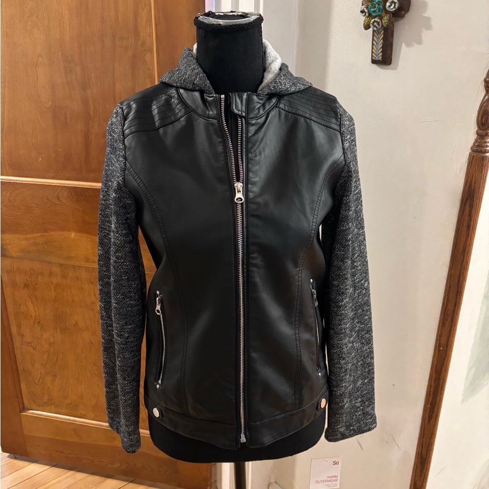 Faux Leather Hooded Moto Style Jacket, Size 14